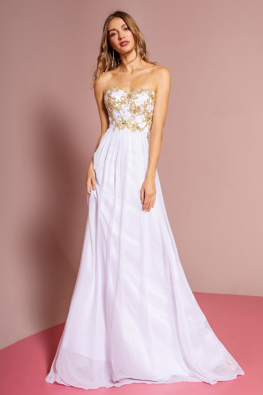Light Blue Royal Blue White Strapless Sweetheart Chiffon Long Dress With Lace On Bodice