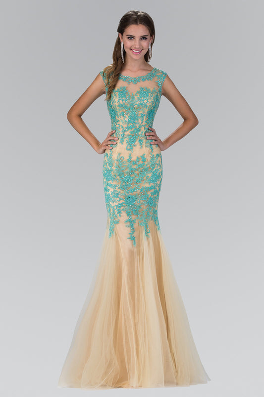 Tiffany Nude Lace Embellished Mesh Long Dress With Sheer Neckline