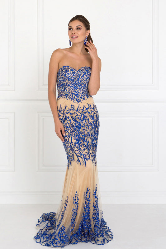 Black Royal Blue Strapless Lace Mesh Long Dress With Sweetheart Neckline