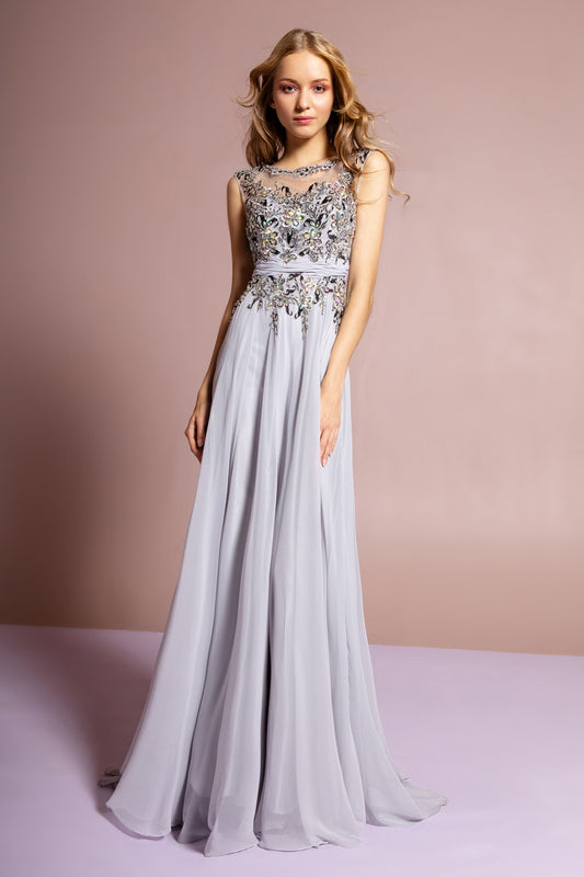 Royal Blue Silver White Sleeveless Long Dress With Lace And Jewel Embellished Bodice