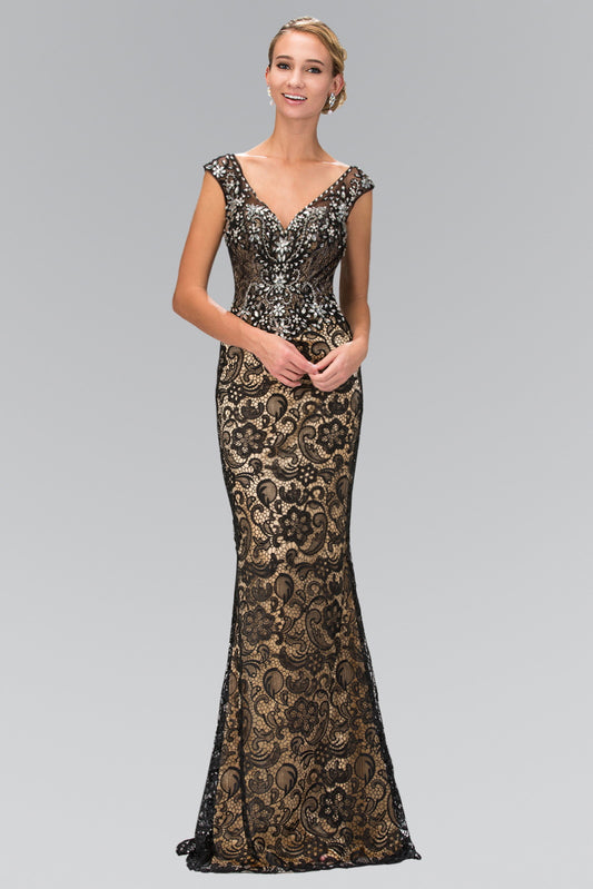 Black Nude Ivory Nude V Neck Lace Embellished Long Dress With Jewel Detailing