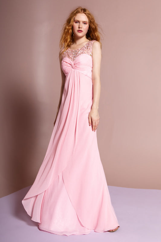 Coral Peach Pink Silver Tiffany Empire Line Chiffon Long Dress With Beaded Illusion Neckline