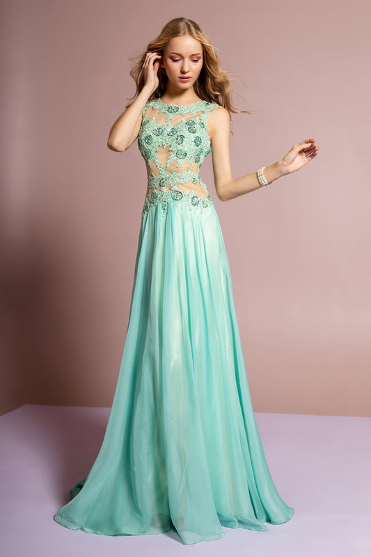Dusty Rose Tiffany Bead And Lace Embellished Chiffon Long Dress With Sheer Bodice