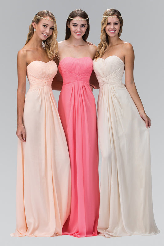 Coral Peach Tiffany Strapless Sweetheart Chiffon Long Dress With Pleated Bodice