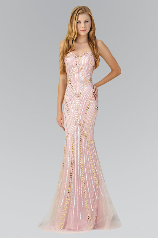 Dusty Rose Strapless Sweetheart Long Dress With Bead Detailing