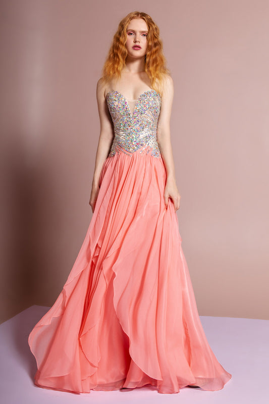 Coral Light Green Tiffany Strapless Sweetheart Chiffon Long Dress With Sequin Embellished Bodice