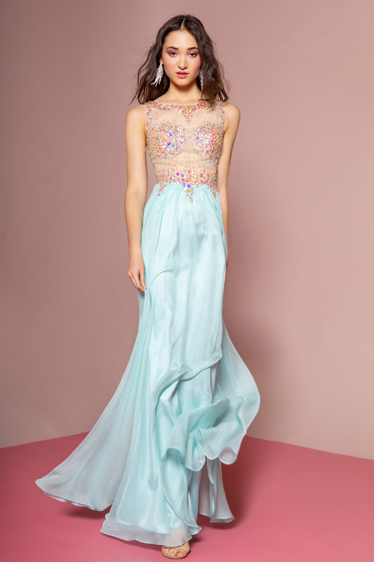 Coral Taupe Tiffany Beaded Chiffon Long Dress With Sequin Embellished Sheer Bodice And Corset Back