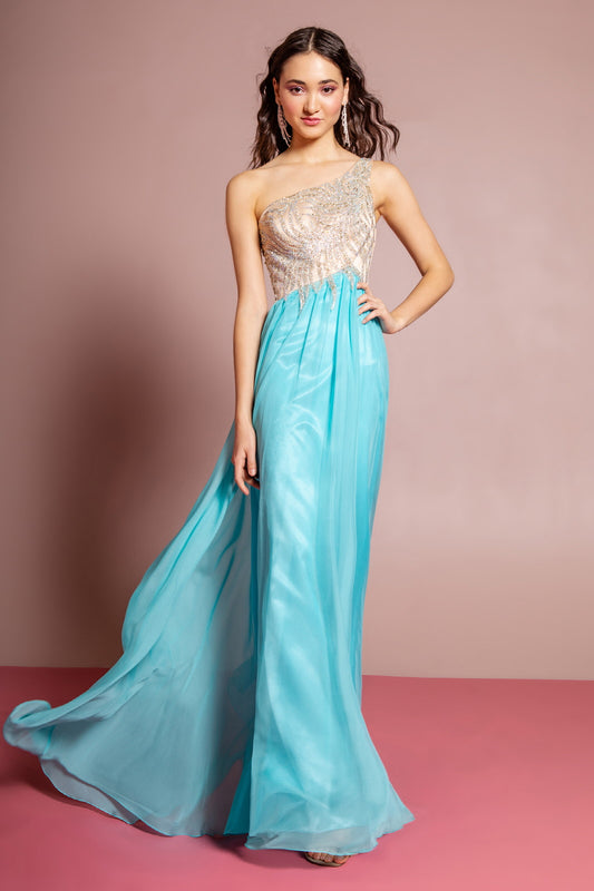 Blue Taupe One Shoulder Jewel Embellished Bodice Chiffon Floor Length Dress