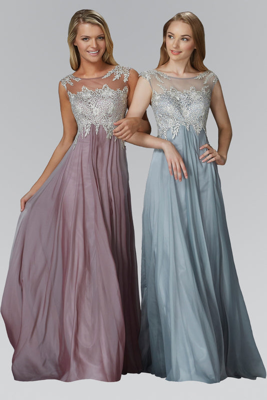 Mauve Silver Chiffon Long Dress With Lace Embellished Bodice And Sheer Neckline