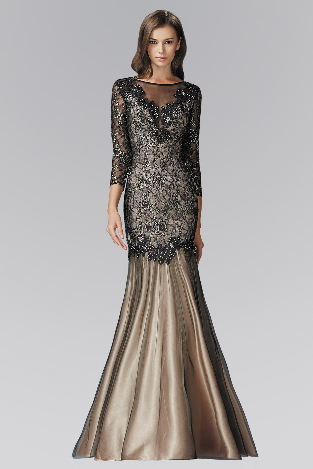 Black Nude Three Quarter Length Sleeve Lace Long Dress