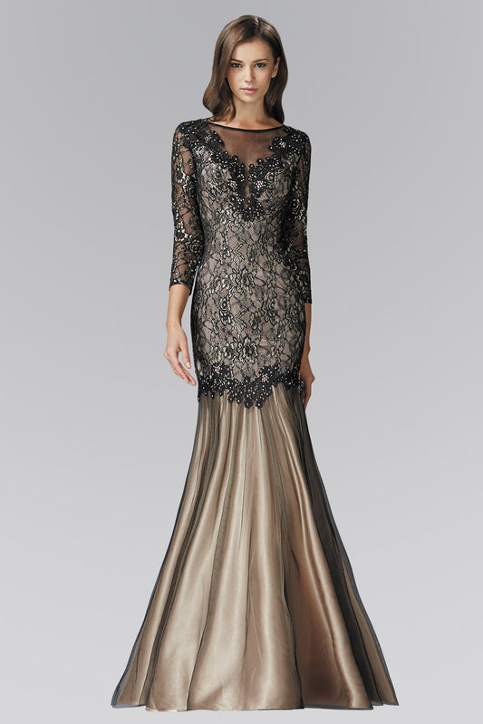 Black Nude Three Quarter Length Sleeve Lace Long Dress