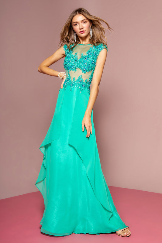 Light Green Peach Sheer Bodice And Back Long Dress Accented With Rhinestone Over Floral Pattern Lace