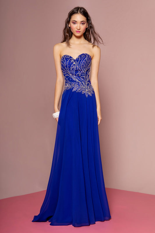 Royal Blue Tiffany Strapless Sweetheart Chiffon Long Dress With Jewel Embellished Bodice