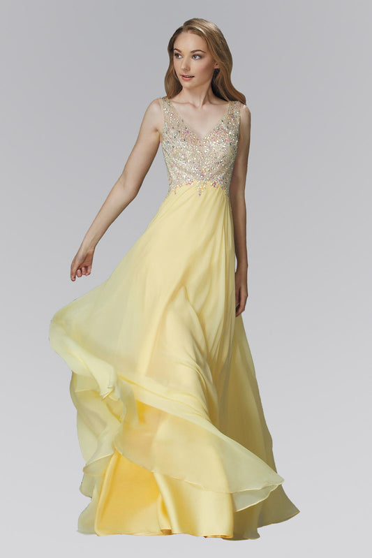 Light Yellow Peach V Neck Chiffon Floor Length Dress With Jewel Embellished Bodice