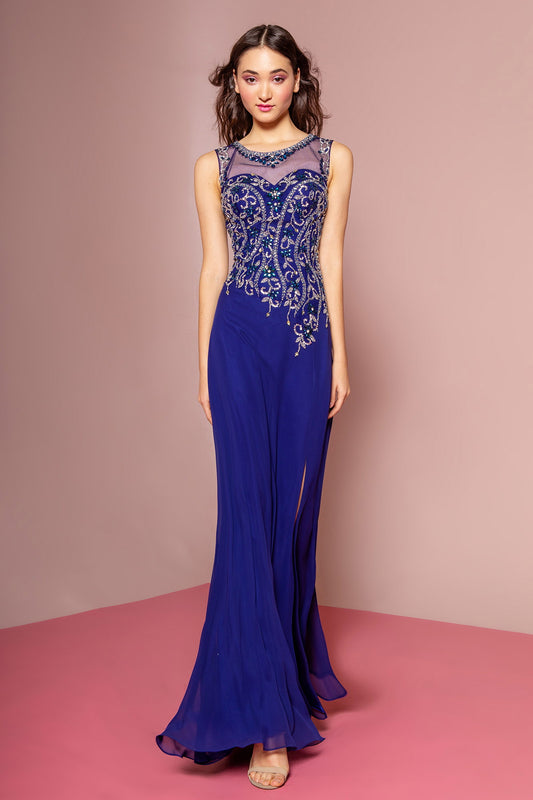 Coral Royal Blue Beaded Chiffon Floor Length Dress With Sheer Neckline And Side Slit