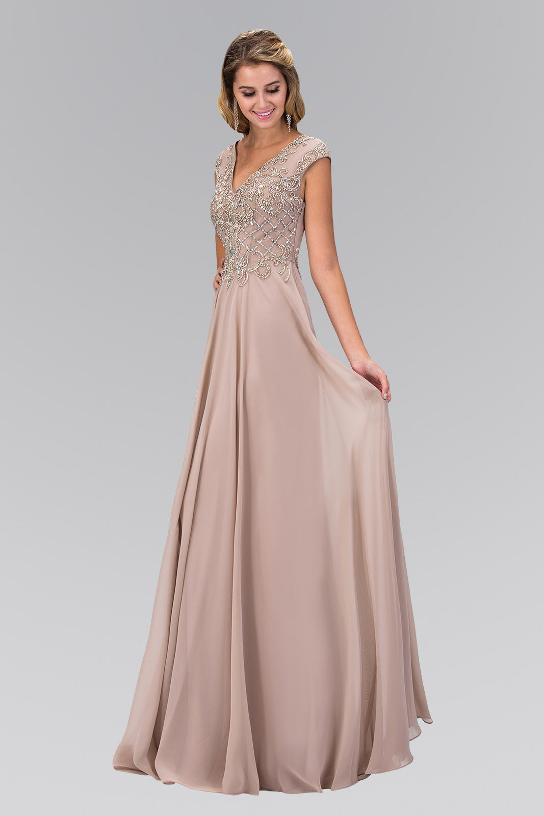 Tan Teal V Neck Chiffon Floor Length Dress With Jewel Embellished Bodice