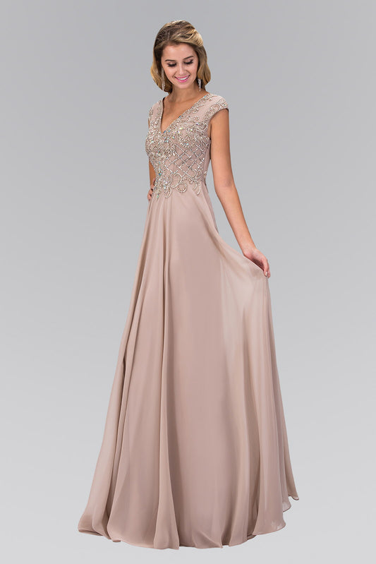 Tan Teal V Neck Chiffon Floor Length Dress With Jewel Embellished Bodice