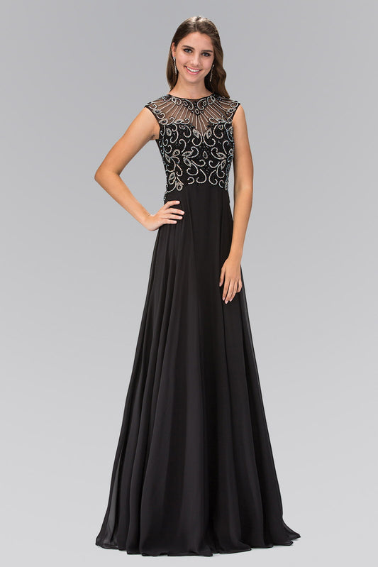 Black Sheer Back Floor Length Dress With Bead Embellished Bodice