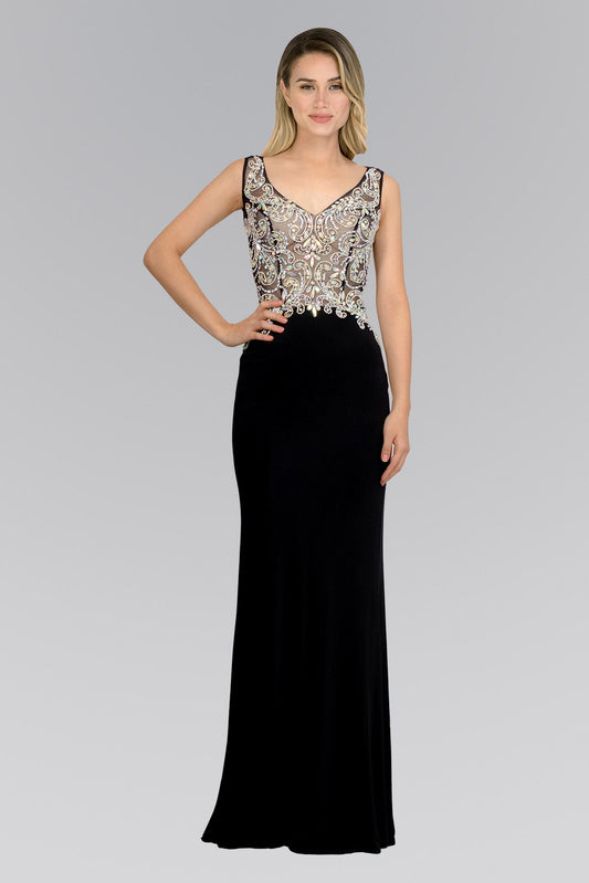 Black Coral Jewel Embellished Sheer Bodice Jersey Long Dress