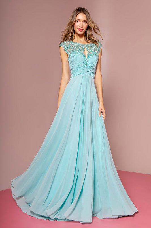 Baby Blue Peach Sheer Back Floor Length Dress With Lace Embellished Ruched Bodice