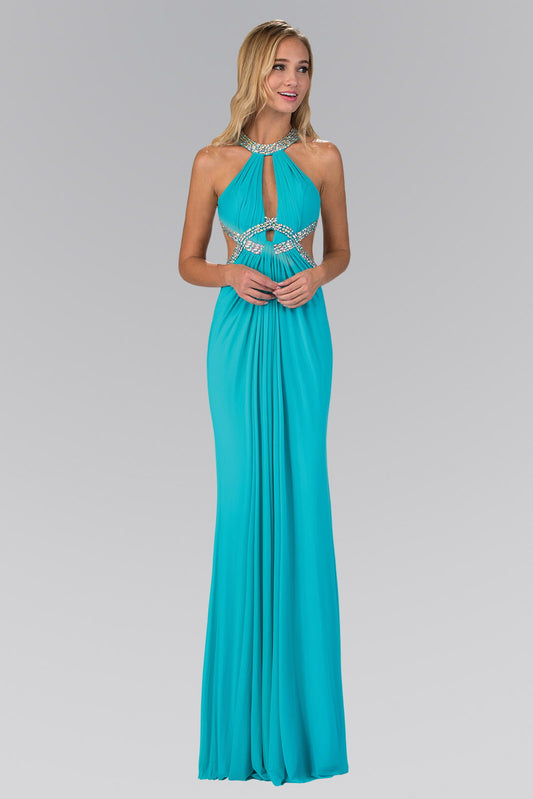 Black Tiffany Long Dress Accented With Jewel Embellished Bodice And Cut Outs