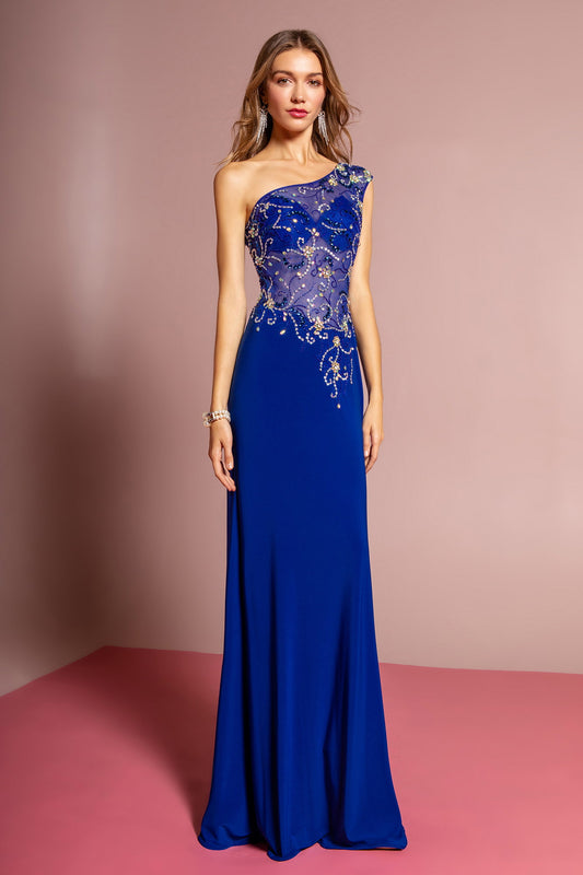 Black Royal Blue One Shoulder Jersey Floor Length Dress With Jewel Accents And Sheer Bodice
