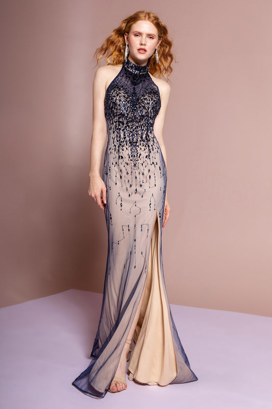 Navy Nude Red Nude Jeweled High Neck Open Back Dress