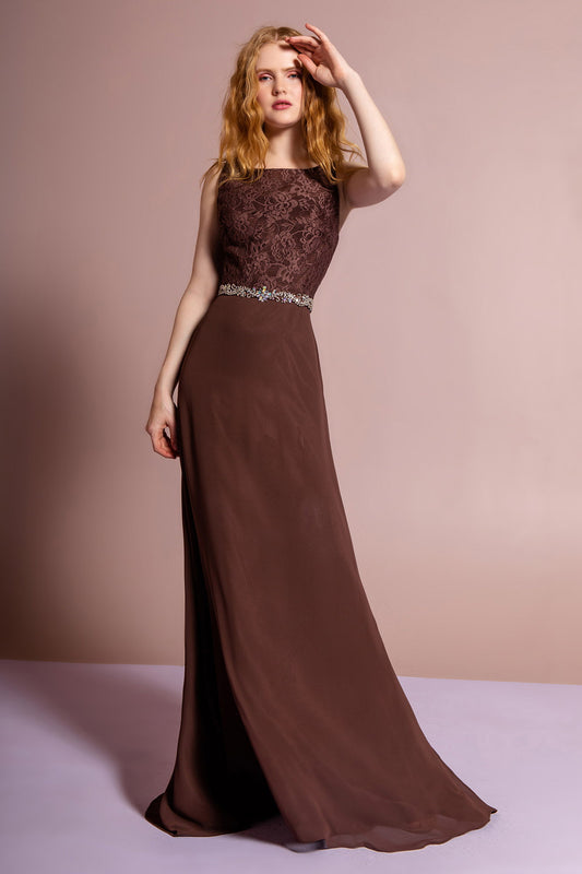 Black Brown Eggplant Navy Tan Chiffon Floor Length Dress Accented With Jewel Waistband