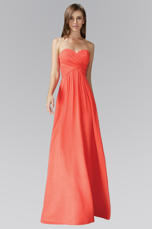 Coral Sweetheart Pleated Criss Cross Bodice Chiffon Floor Length Dress