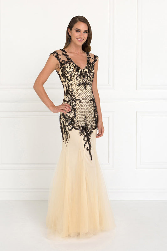 Champagne Black Open Back V Neck Floor Length Dress With Bead Detailing