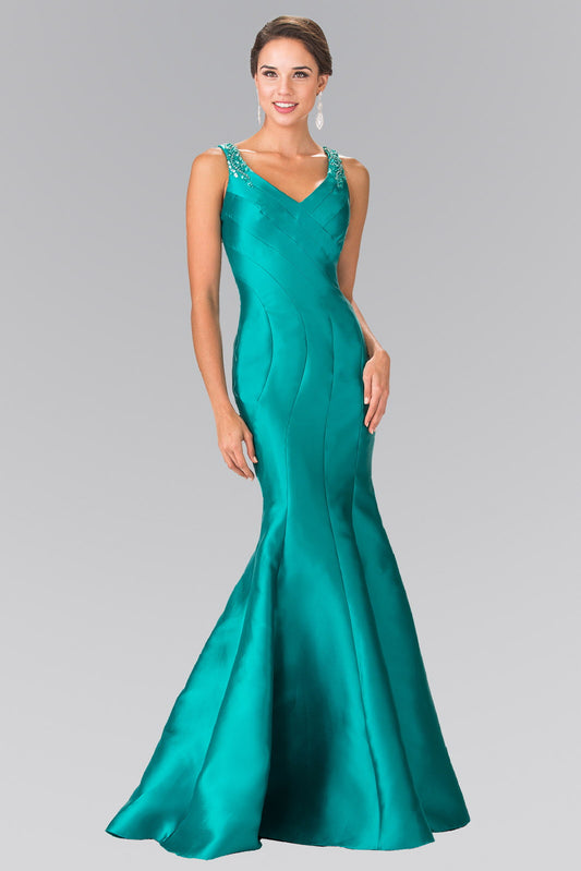 Black Green Magenta Trumpet Style Mikado Long Dress Accented With Beads On Straps