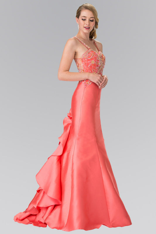 Coral Tiffany Ruffle Back Sweetheart Mikado Dress Accented With Beading Details