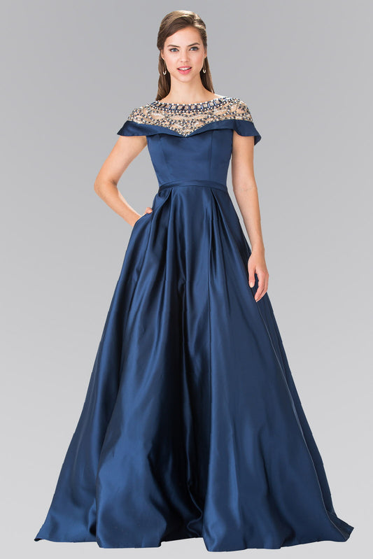Navy Burgundy Beads Embellished Mikado Long Dress With Sheer Back