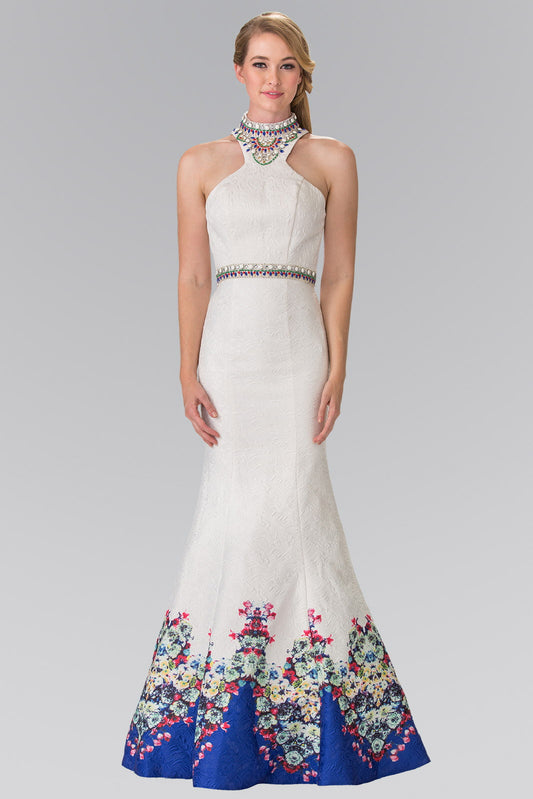 Ivory Flower Print Mermaid Long Dress With Jewel Beaded High Neck