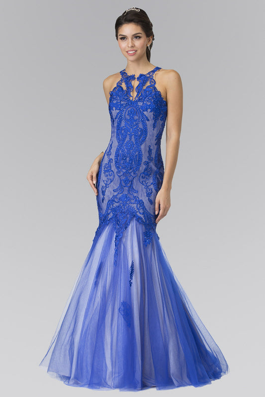 Black Red Royal Blue Halter Neck Long Mermaid Prom Dress With Lace Applique And Sheer Lace Back