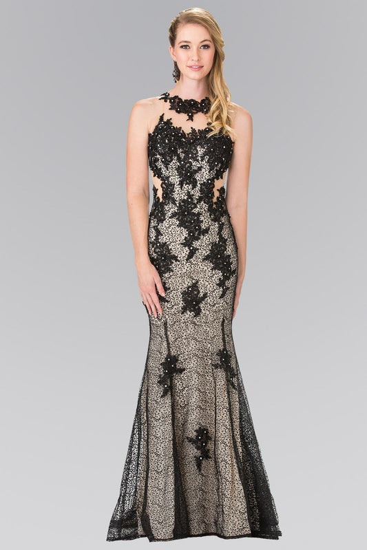 Black Silver High Neck Mermaid Long Lace Dress With Embroidered Illusion Bodice