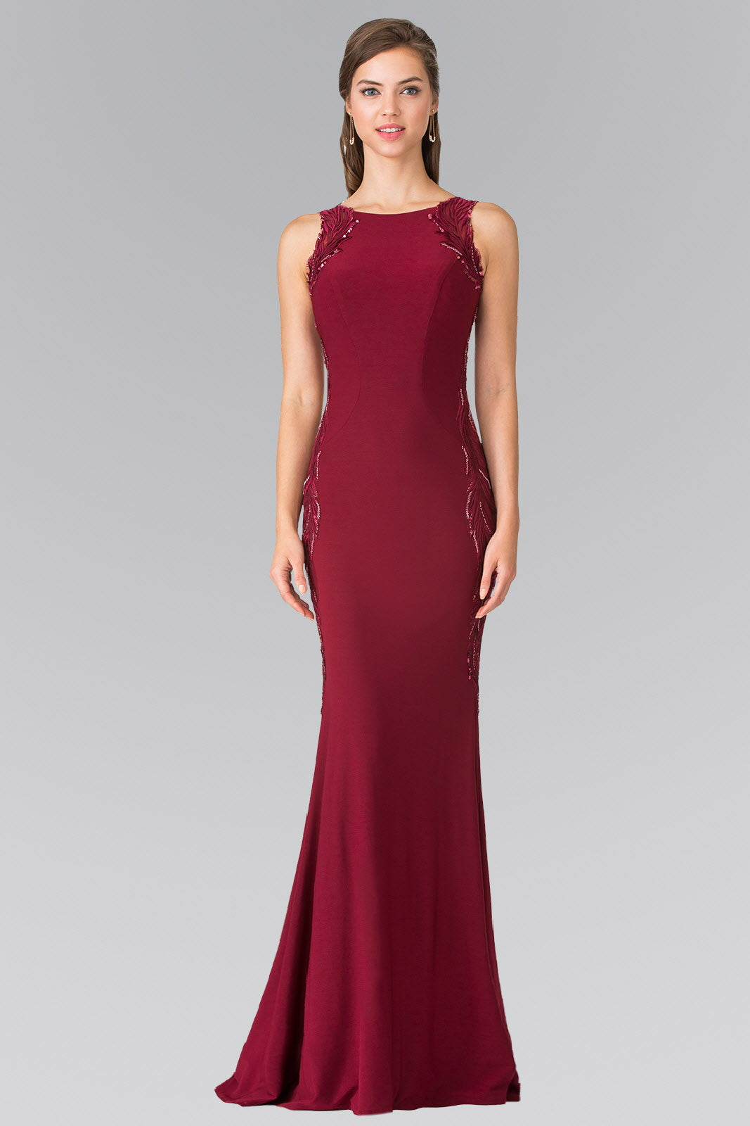 Burgundy Green Navy Open Back Jersey Long Dress Accented With Side Embroidery