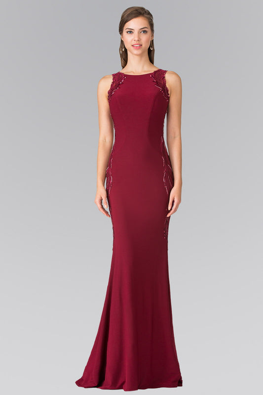 Burgundy Green Navy Open Back Jersey Long Dress Accented With Side Embroidery
