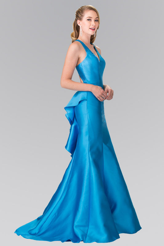 Black Blush Turquoise V Neck Open Back Floor Length Dress With Back Ruffles