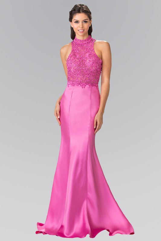 Ivory Magenta Long High Neck Dress With Embroidered Bodice And Ruffle Back