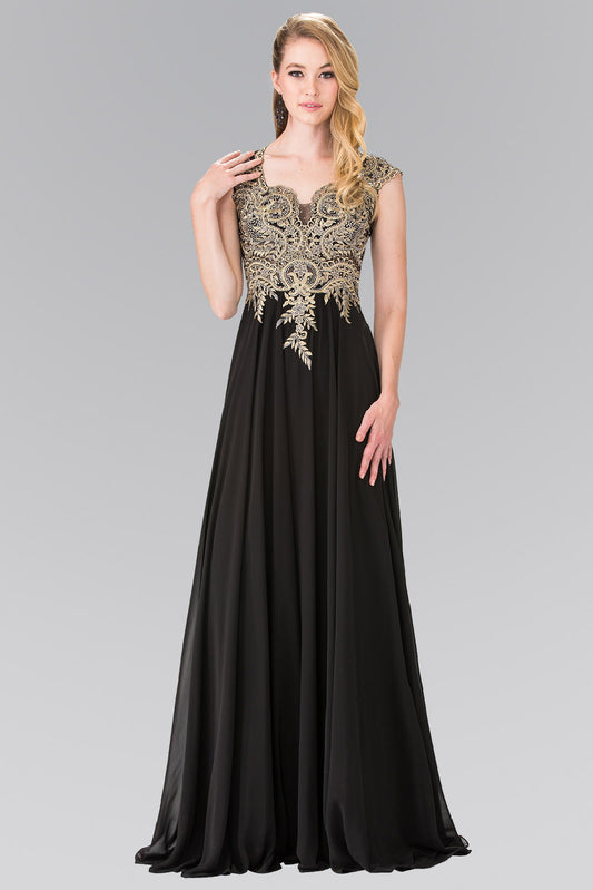 Black Burgundy Champagne Teal Full Embroidered Top Chiffon Long Dress With Sheer Back