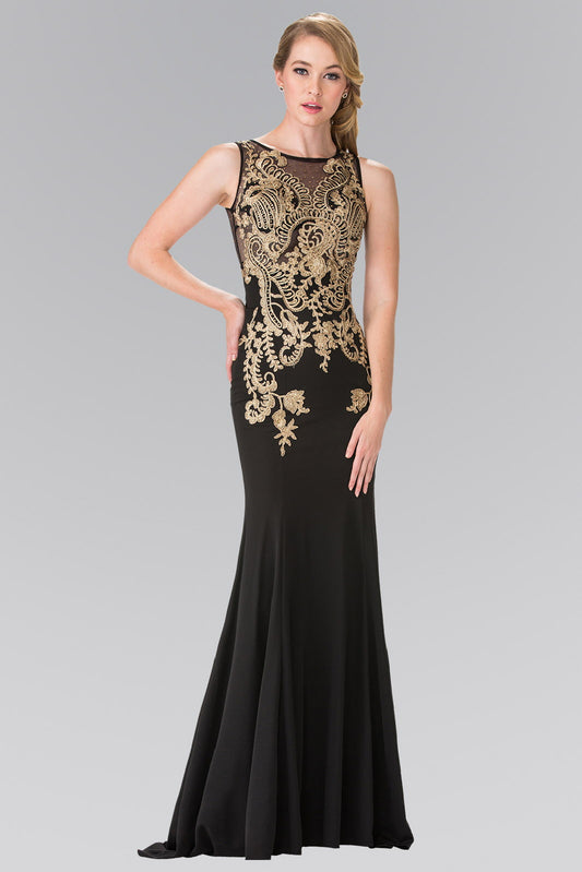 Black Ivory Royal Blue Embroidered Sleeveless Long Jersey Dress With Sheer Bodice