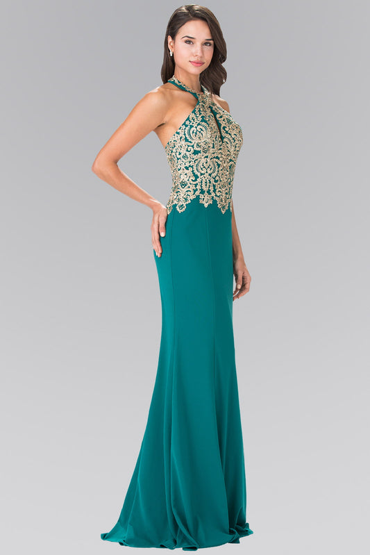 Black Burgundy Teal Embroidered Neck Halter Jersey Long Dress With Open Back