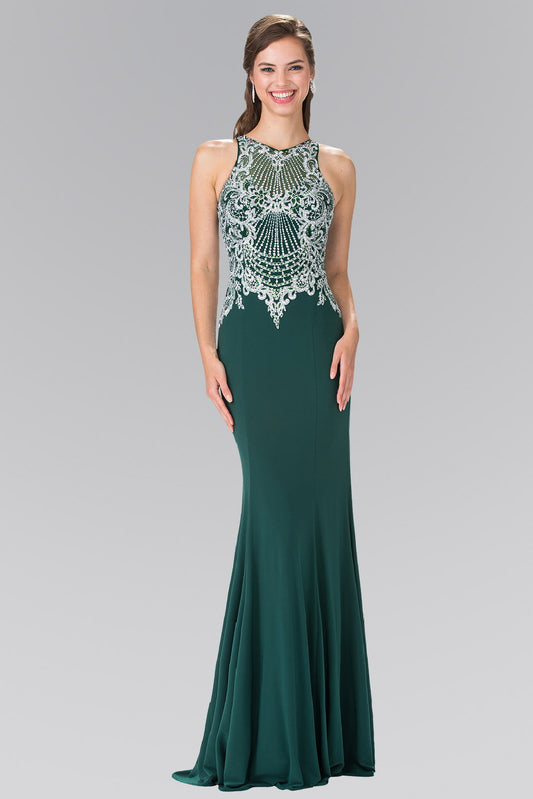 Green Red Royal Blue Embroidered Illusion Jersey Long Dress