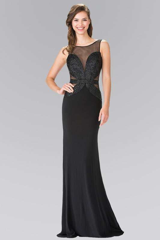 Black Beads Embellished Jersey Long Dress With Open Back