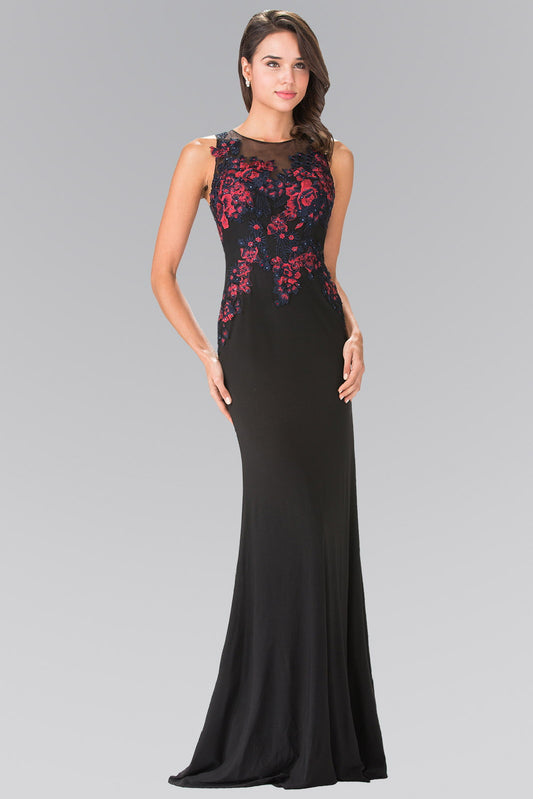 Black Burgundy Beads Embellished Embroidery Jersey Long Dress With Cut Out Back