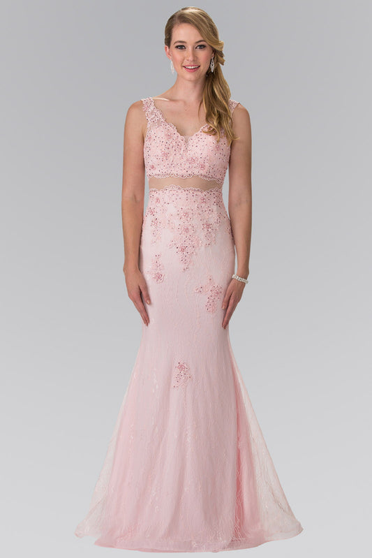 Blush Mock Two Piece V Neck Embroidered Lace Long Dress