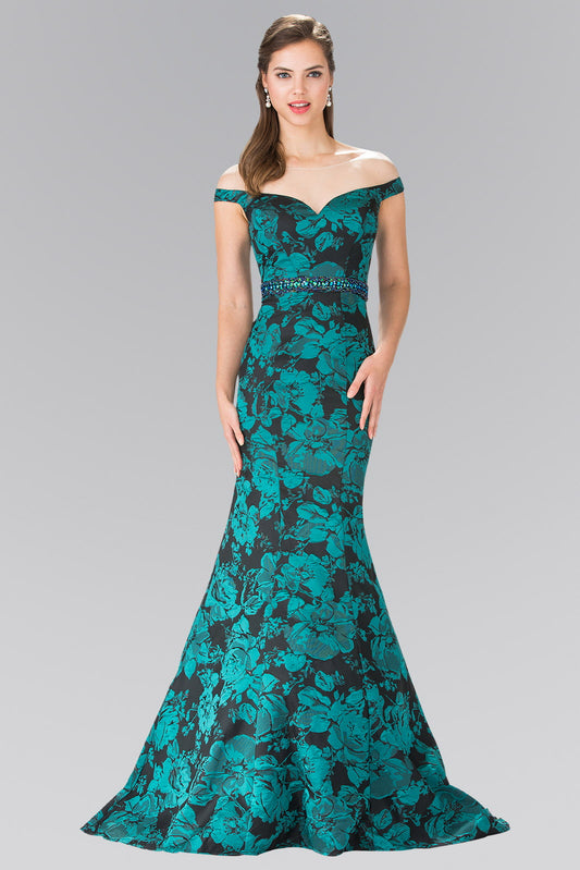 Green Off The Shoulder Floral Print Long Dress With Sheer Back