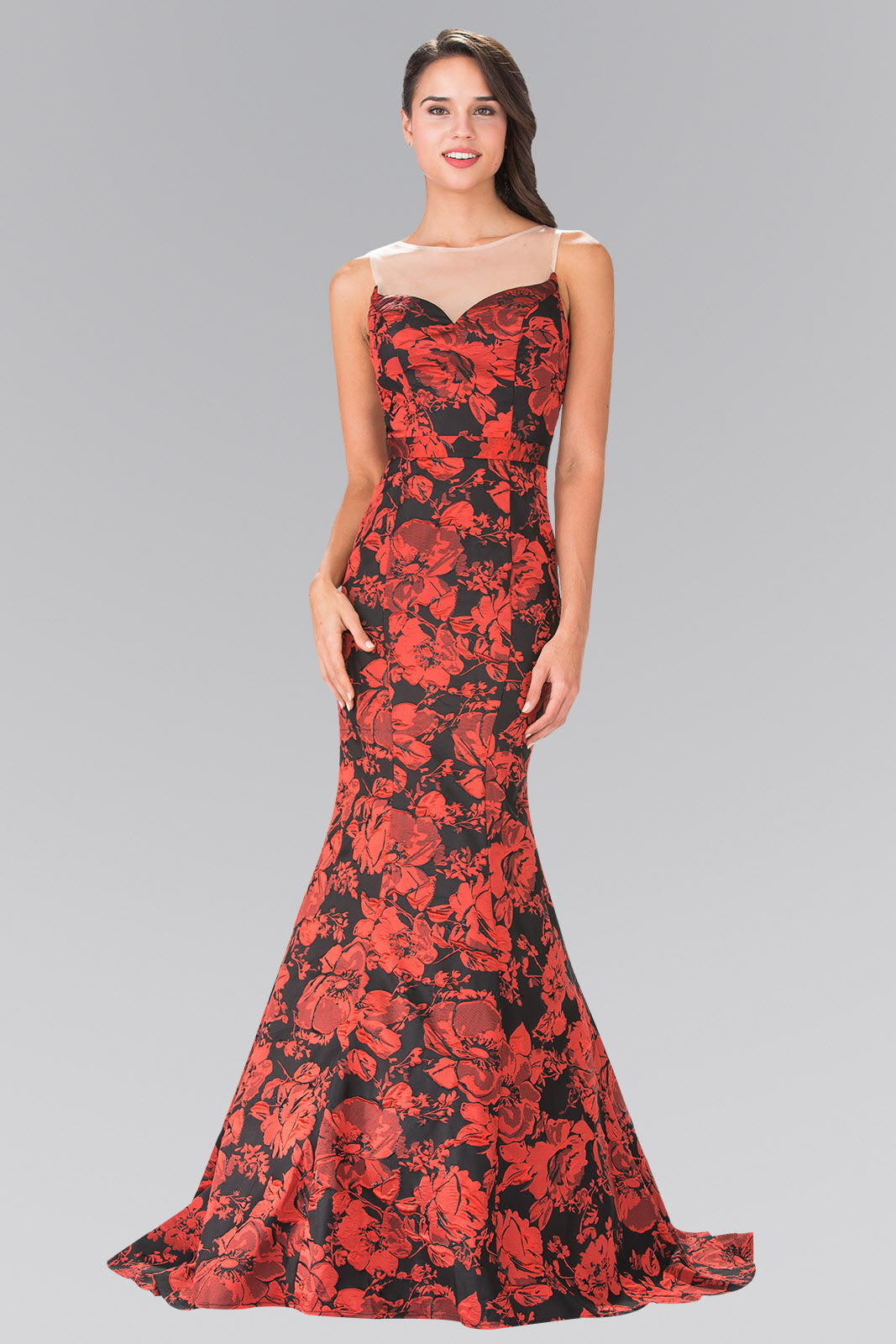 Red Illusion Sweethearted Flower Print Long Dress With Sheer Back