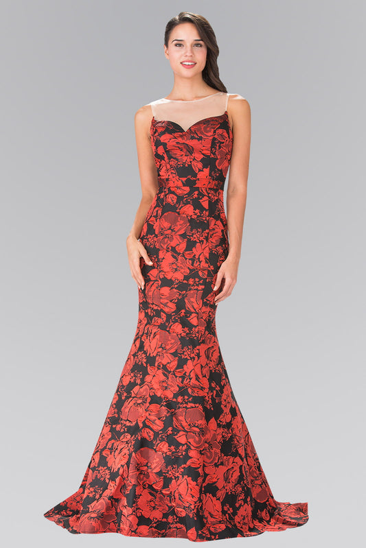 Red Illusion Sweethearted Flower Print Long Dress With Sheer Back